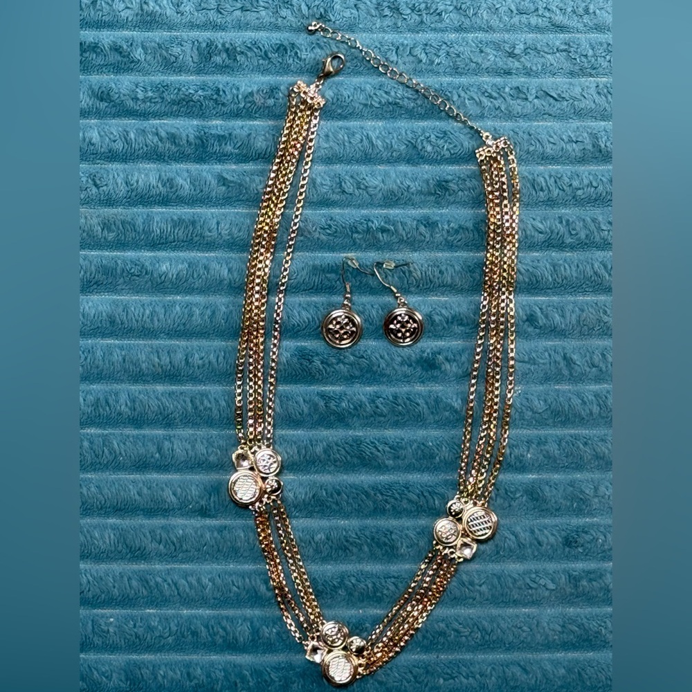 Gold-Tone Multi-Strand Necklace & Earrings Set - Elegant Button Accent